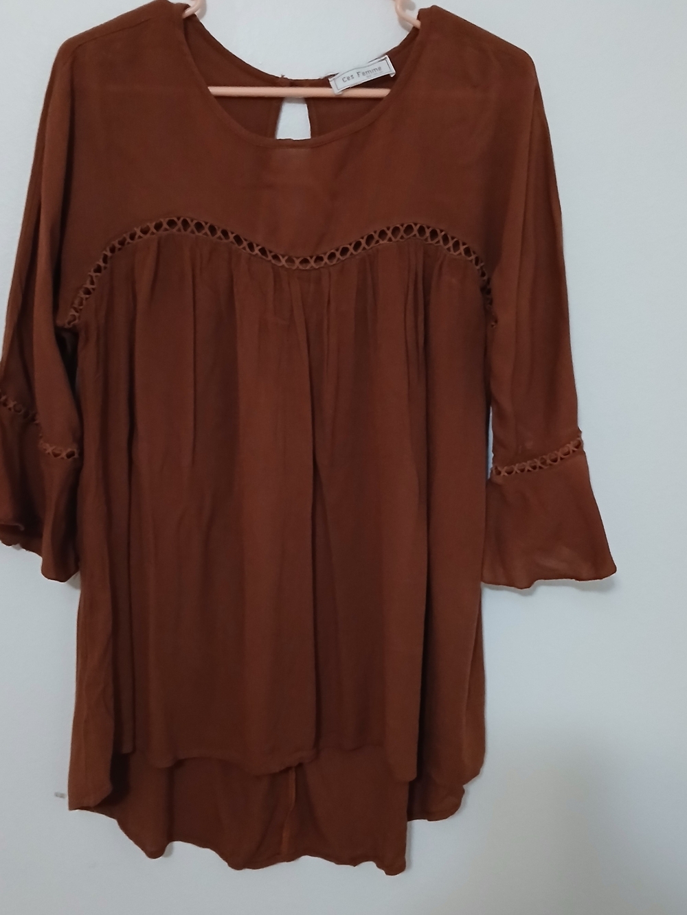 Ces Femme Rust Crochet-Trim Peasant Blouse